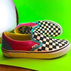 Unisex Vans Checkerboard Blue Pink Yellow Slip On Shoes size M-6.5 & size W-8.0